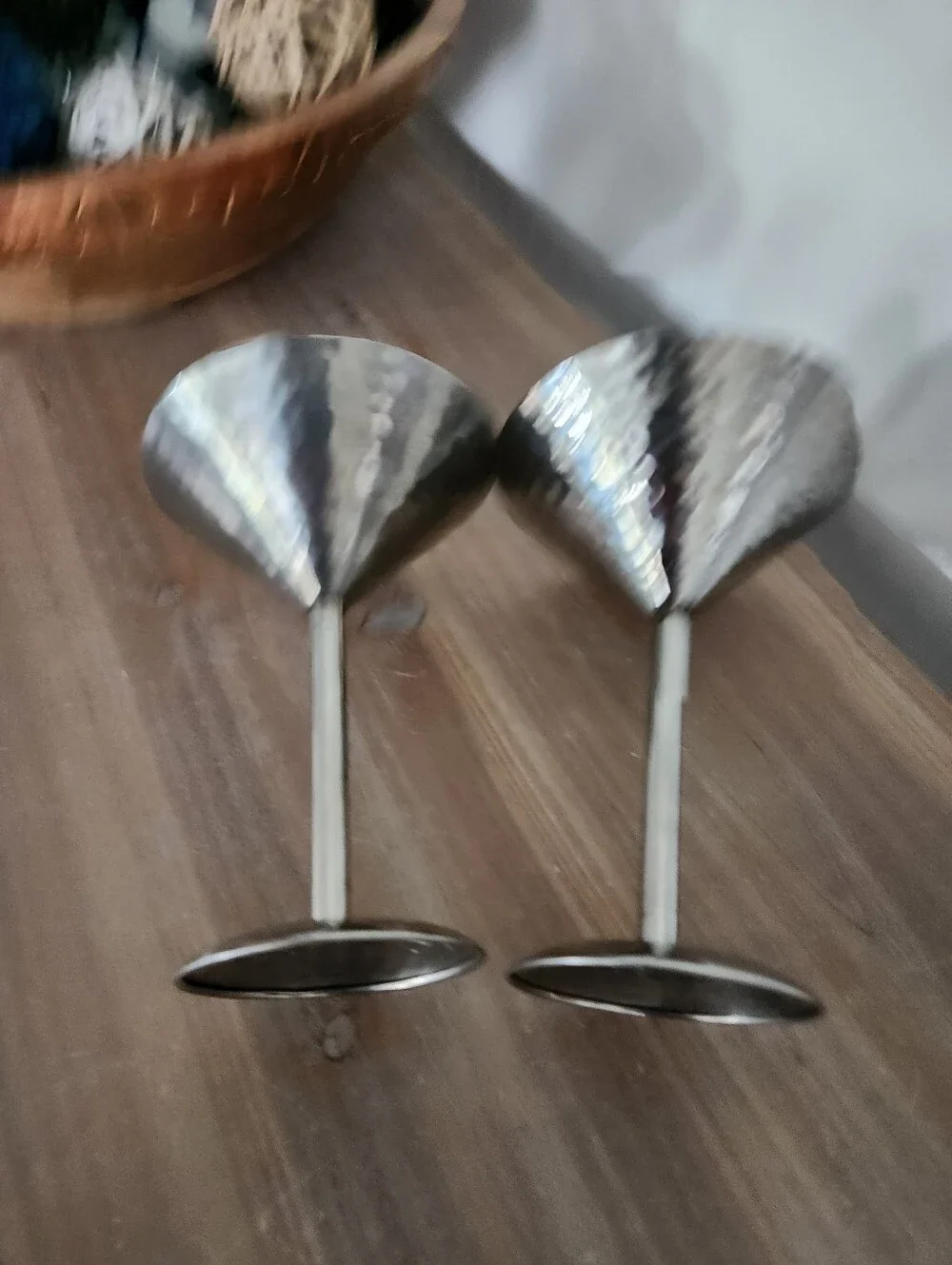 Pair of Hammered Silver Tone Metal Martini Glasses Cocktail Barware 6-Inch Tall